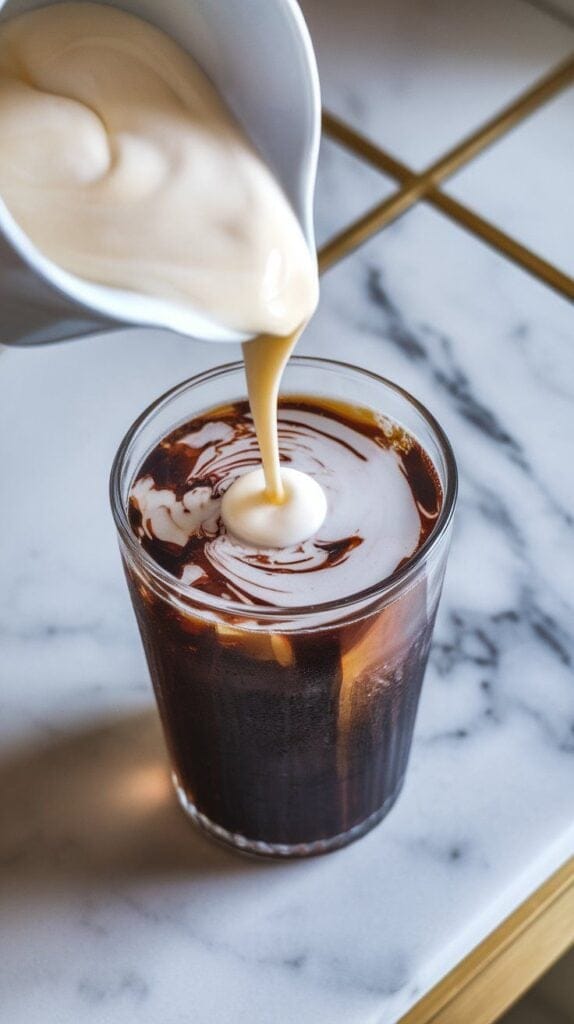 pale sweet cream being poured gently into the soda, creating creamy white swirls in the dark Pepsi