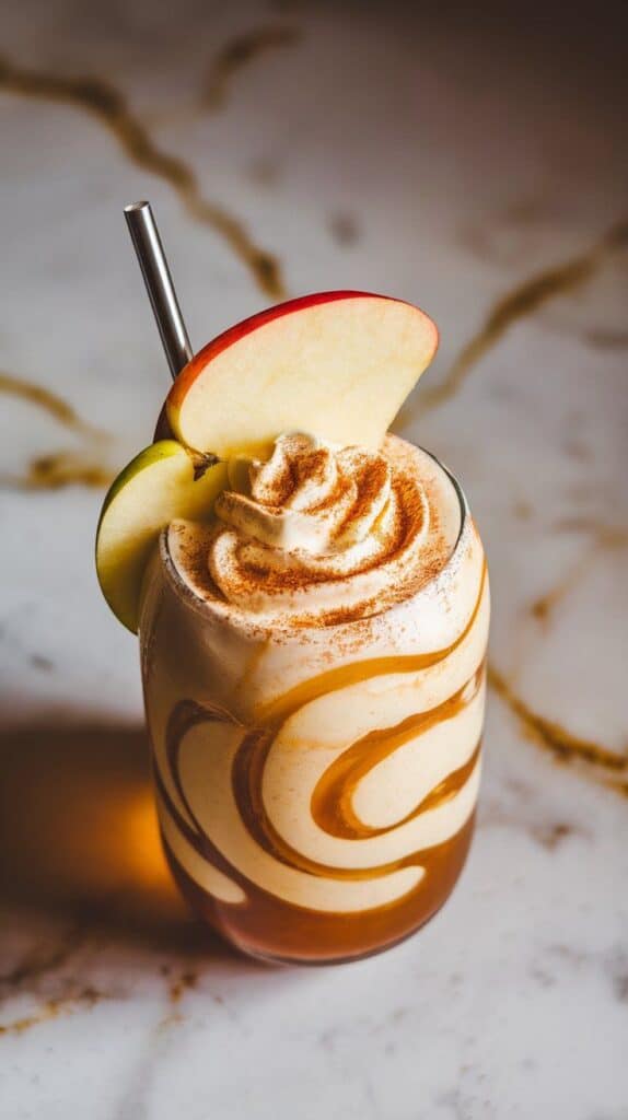 the completed Apple Pie Dirty Soda with creamy swirls, golden apple syrup streaks, and a dusting of cinnamon, topped with a thin apple slice and straw