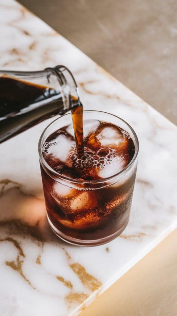 dark Pepsi being poured into the ice-filled glass, bubbles rising through the cubes