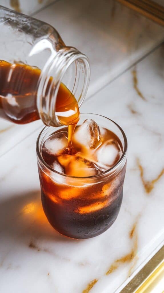 golden apple syrup being poured from a small glass jar into the dark Pepsi and ice, creating light amber streaks
