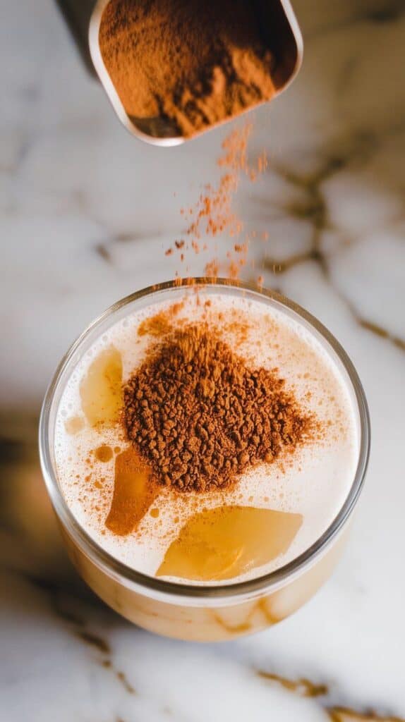 ground cinnamon being lightly sprinkled over the soda mixture, tiny brown specks floating on top