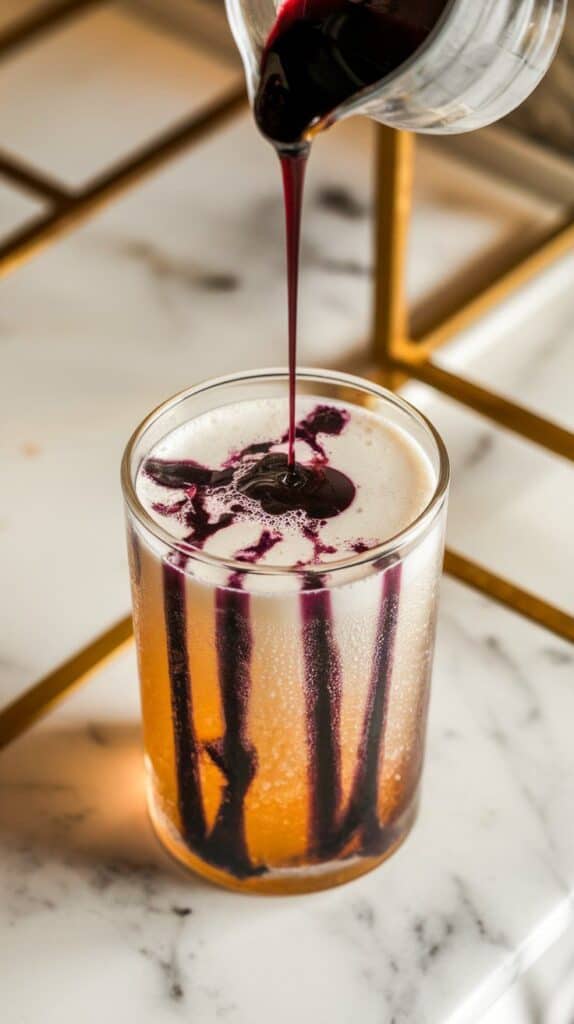  dark blueberry syrup being drizzled into fizzy cream soda, forming purple ribbons through the golden liquid