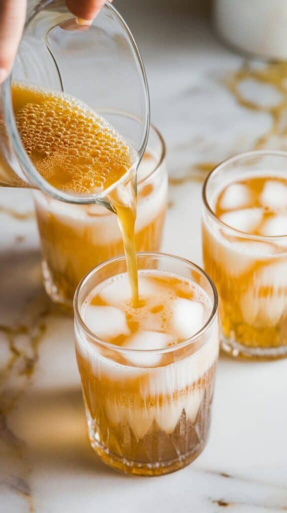 cream soda being poured into glasses filled with ice, golden bubbles and light foam forming at the top