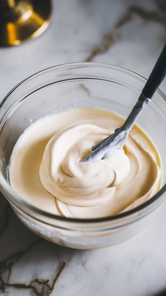heavy cream and sweetened condensed milk being stirred together in a clear glass bowl, forming a smooth, thick cream