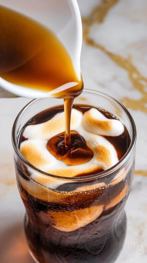 golden toasted marshmallow syrup being poured into the dark soda, forming soft ribbons through the Coke.