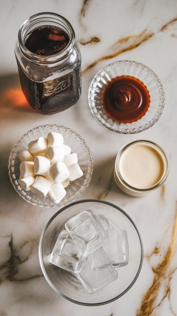 all ingredients for campfire cola dirty soda: cold Coke in a clear glass jar with visible condensation, toasted marshmallow syrup in a small unlabeled glass plate, chocolate syrup drizzled into a small glass plate, heavy cream in a small clear glass jar, sweetened condensed milk in a shallow glass plate, and clear ice cubes spilling from a shallow glass bowl.