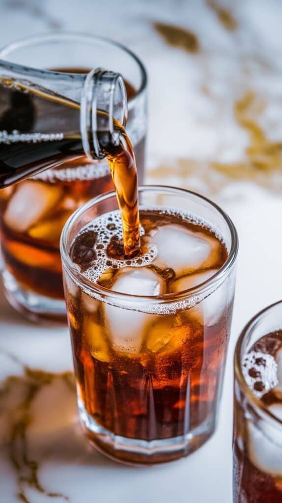 Coke being poured into glasses filled with ice, fizz rising and bubbles forming at the top.