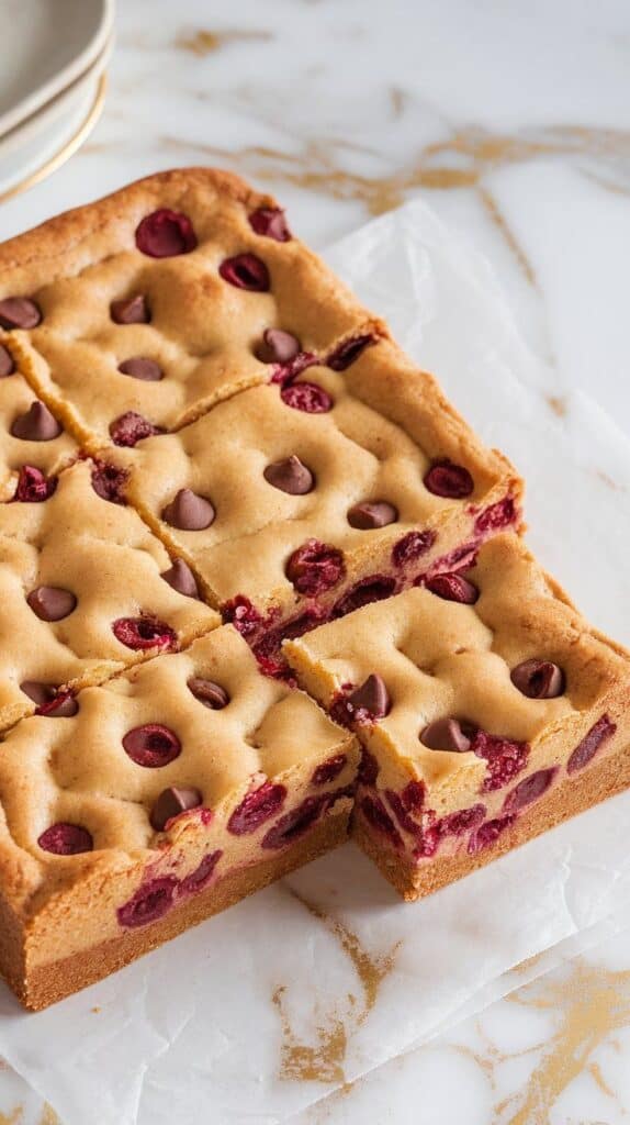golden cherry chocolate chip blondies fully cooled in a square pan, cut into 12 even bars with one piece pulled out to show gooey inside