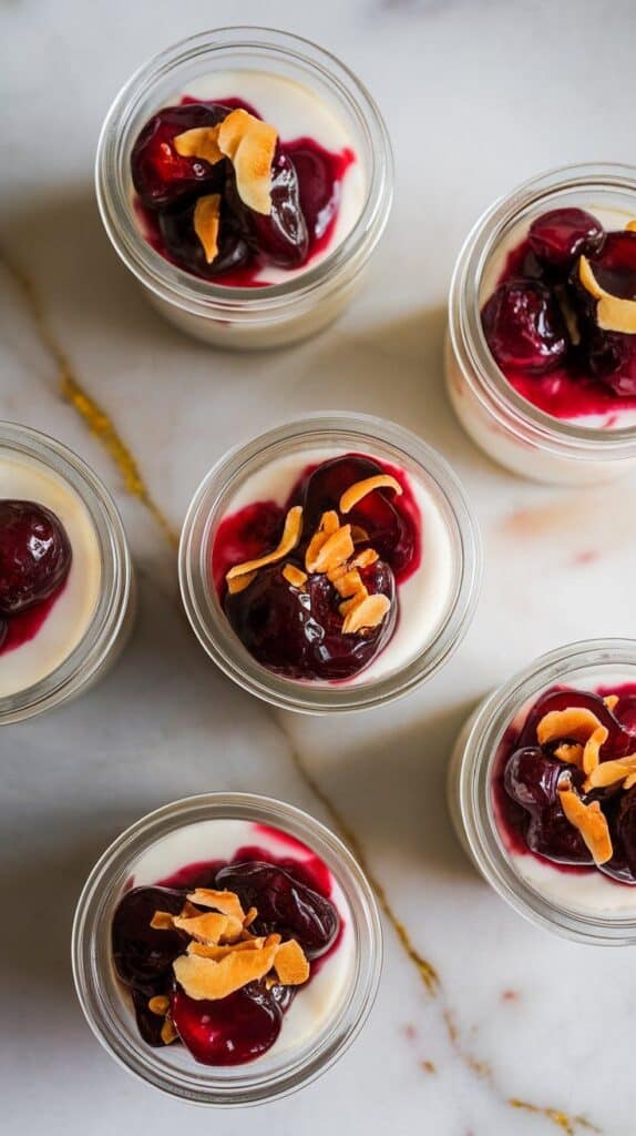 assembled cherry coconut pudding cups in clear jars, creamy white pudding topped with glossy cherry compote and golden toasted coconut, served on white marble counter