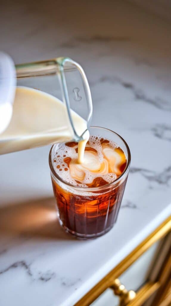 creamy half & half being poured gently into soda, creating soft swirls through the bubbles and soda