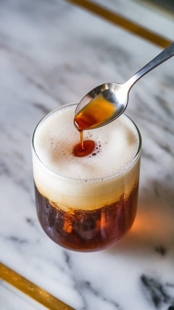 a small spoon drizzling vanilla extract into the soda, a thin amber stream hitting the foam