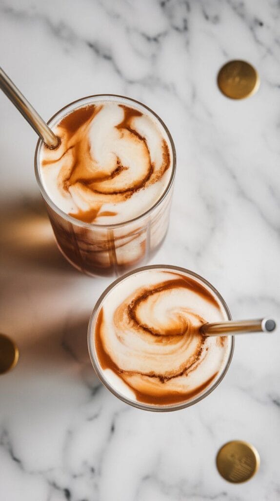 two full glasses of cinnamon roll dirty soda, layers of brown soda and cream swirled beautifully with a straw in each glass
