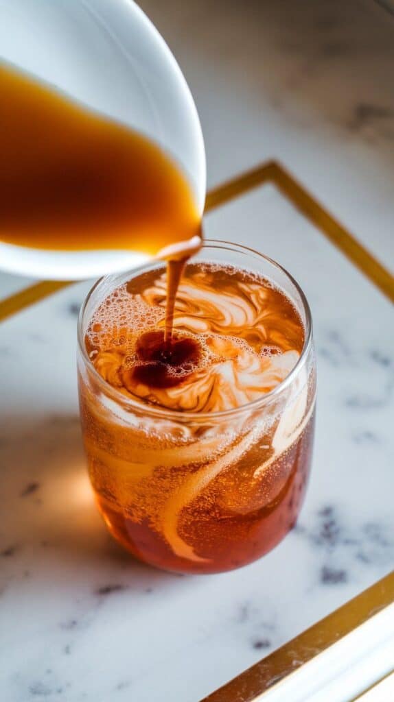 cinnamon syrup being poured from a small plate into fizzy soda, creating amber swirls in the glass.
