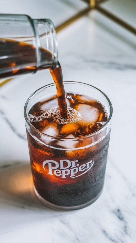 Dr Pepper being poured into ice-filled glass, bubbles rising and fizz forming at the top
