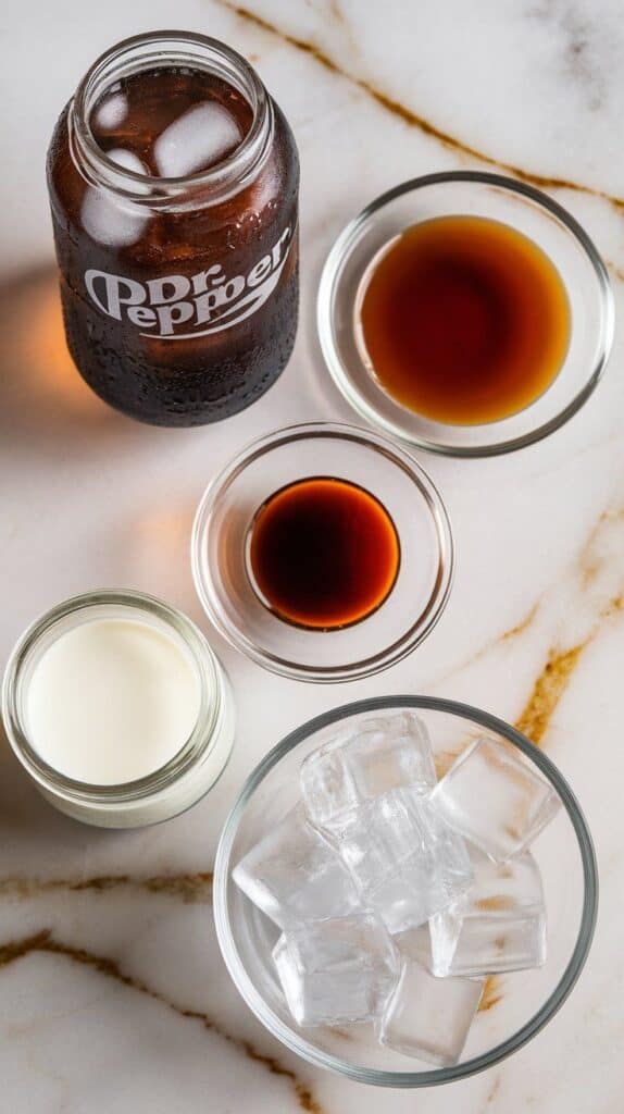 all ingredients for cinnamon roll dirty soda: cold Dr Pepper in a clear glass jar with condensation, thick cinnamon syrup in a small clear glass plate, vanilla extract in a shallow glass plate, half & half in a small clear glass jar, and clear ice cubes spilling from a shallow clear glass bowl