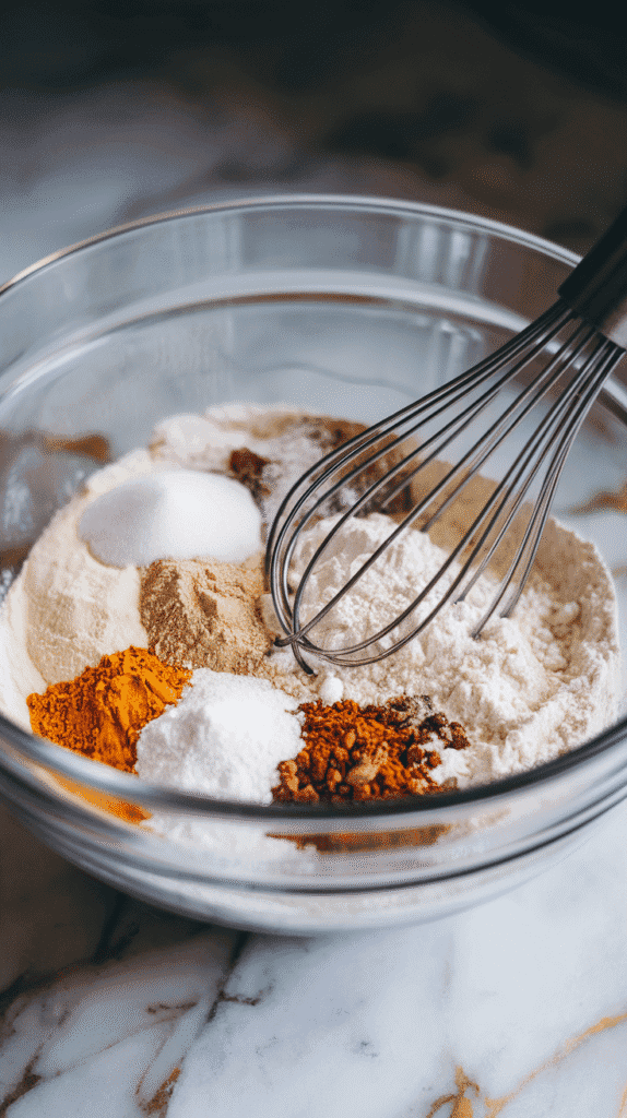  flour, sugars, baking soda, baking powder, salt, and spices being whisked together in a large glass mixing bowl, on a white marble counter with hints of gold