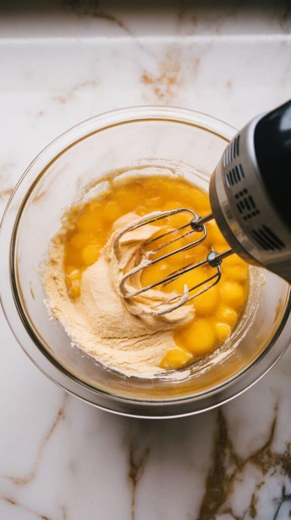 eggs and sugar in a large glass mixing bowl, midway through mixing with hand mixer beaters creating ribbons in the pale, fluffy mixture