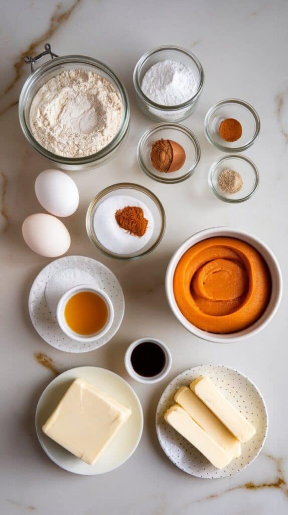 all ingredients for Creamy Pumpkin Spice Roll Cake laid out neatly: flour, baking powder, baking soda, cinnamon, ginger, nutmeg, salt, eggs in shell, granulated sugar, pumpkin puree in a small bowl, vanilla extract in a glass ramekin, cream cheese in a block, powdered sugar in a small mound, softened butter sticks