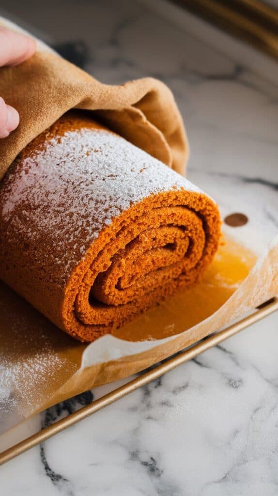  warm pumpkin sponge cake being rolled in a powdered sugar-dusted towel, parchment just peeled away