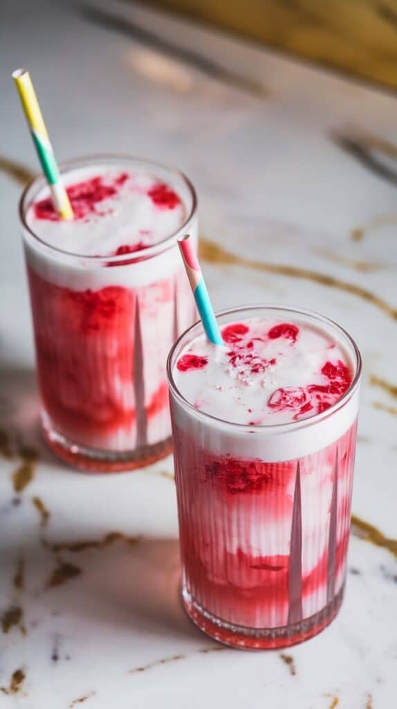 two dragonfruit dream dirty sodas fully assembled in tall clear glasses, showing visible layers of green soda, pink syrup, and white coconut cream, each with a colorful paper straw