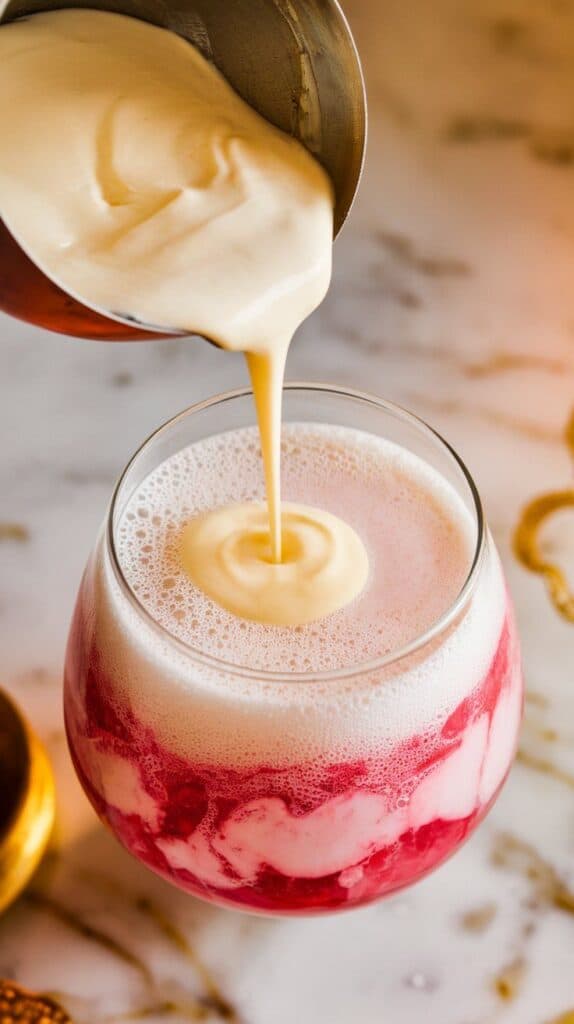 thick coconut cream being poured into the fizzy drink, swirling slowly into the neon green and pink layers