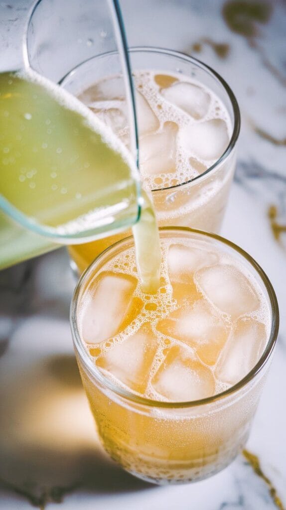 cold Mountain Dew being poured into ice-filled glasses, bright bubbles rising and fizz forming at the top