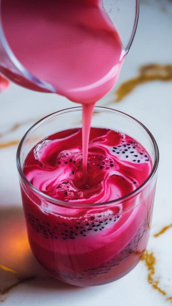 bright pink dragonfruit syrup being poured into a glass of Mountain Dew, forming vibrant swirls near the bottom