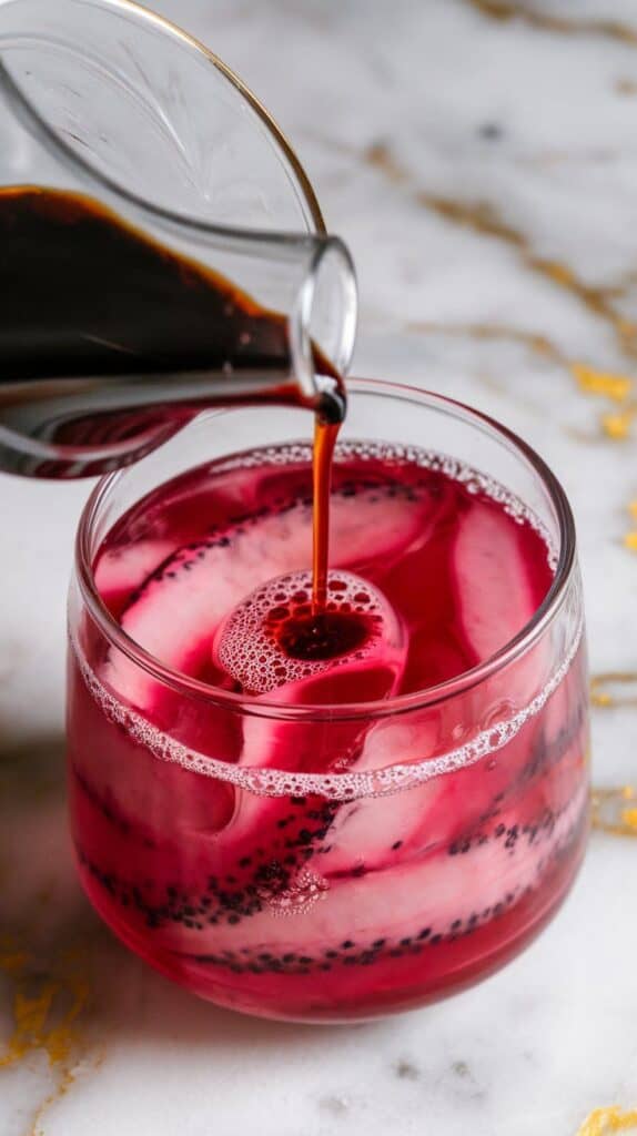 vanilla extract being poured from a glass plate into the drink, with small ripples and bubbles forming