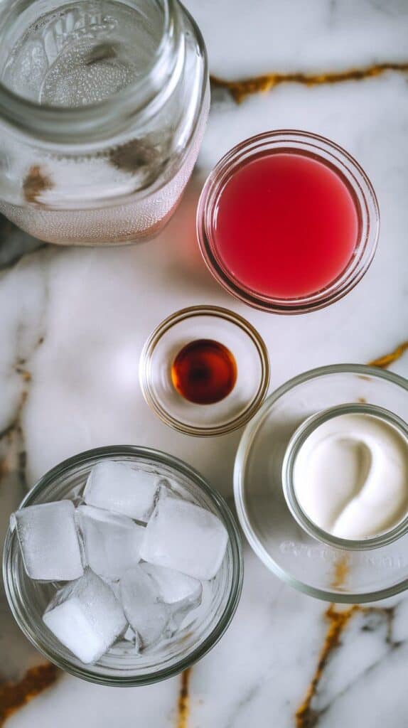 all ingredients for dragonfruit dream dirty soda: cold Mountain Dew in a clear glass jar with condensation, bright pink dragonfruit syrup in a small glass plate, vanilla extract in a shallow round plate, thick coconut cream in a small clear jar, and clear ice cubes spilling from a glass bowl. 