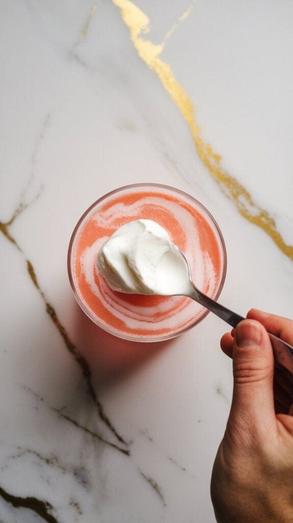 pink grapefruit juice being poured into fizzy soda, creating soft color swirls in the glass