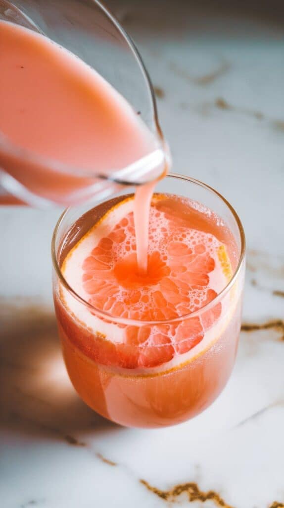 all ingredients for grapefruit grove dirty soda: cold Squirt in a clear glass jar with condensation, freshly squeezed grapefruit juice in a small glass plate, lime juice in a shallow clear plate, thick coconut cream in a small clear glass jar, and clear ice cubes spillinga from a shallow glass bowl