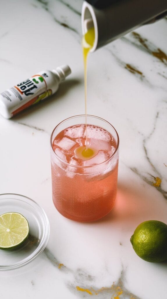 Squirt being poured into ice-filled glasses, bubbles rising as the soda fills the glass