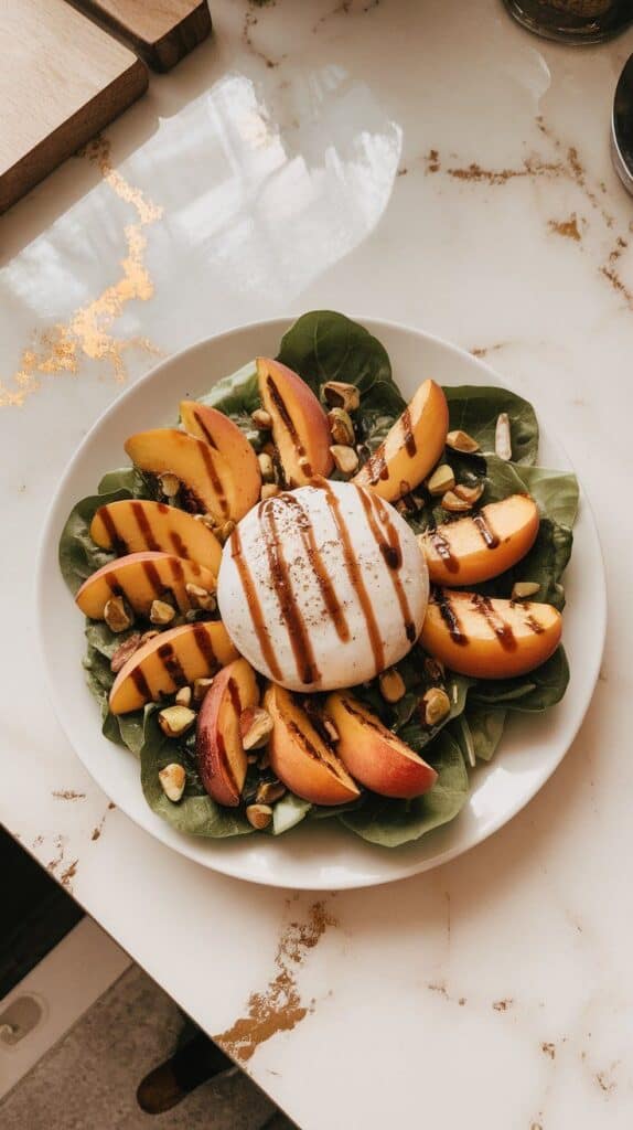 the finished grilled peach burrata salad with balsamic glaze drizzled in thin ribbons, salt and pepper sprinkled over, and a scattering of chopped pistachios