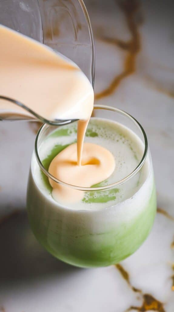creamy half & half being poured into a soda glass, mixing softly with the honeydew green and coconut white