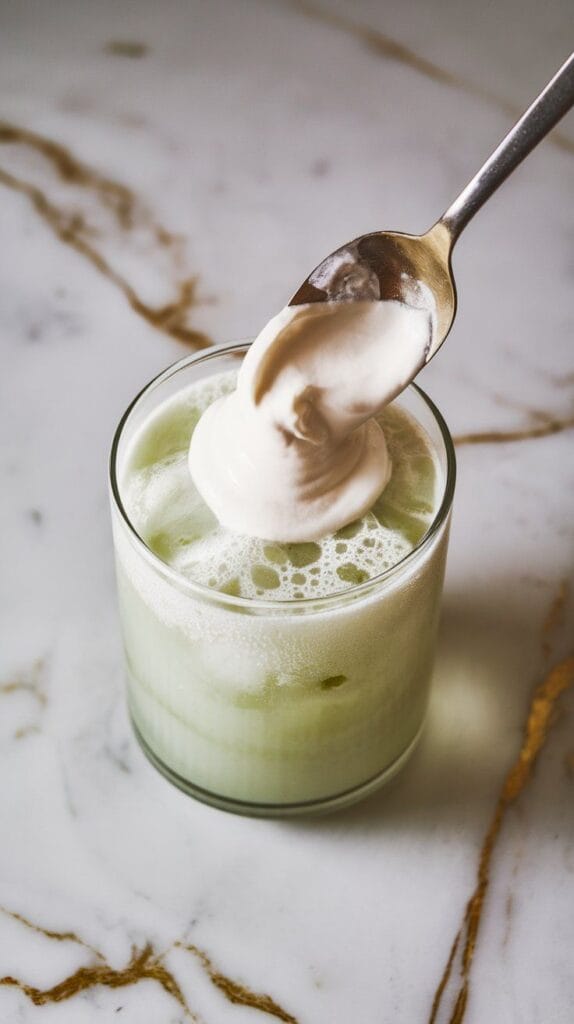 thick white coconut cream being added to the drink, gently floating on top of the soda before blending