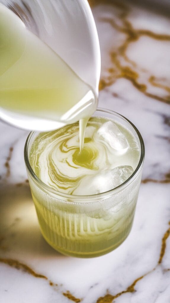  pale green honeydew syrup being poured into fizzy Sprite over ice, creating swirling layers of color
