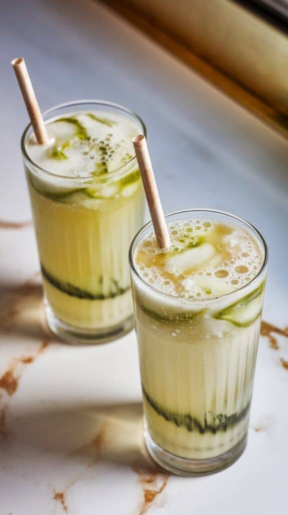 two honeydew breeze dirty sodas served in tall clear glasses with visible swirls of green, white, and bubbles, topped with paper straws