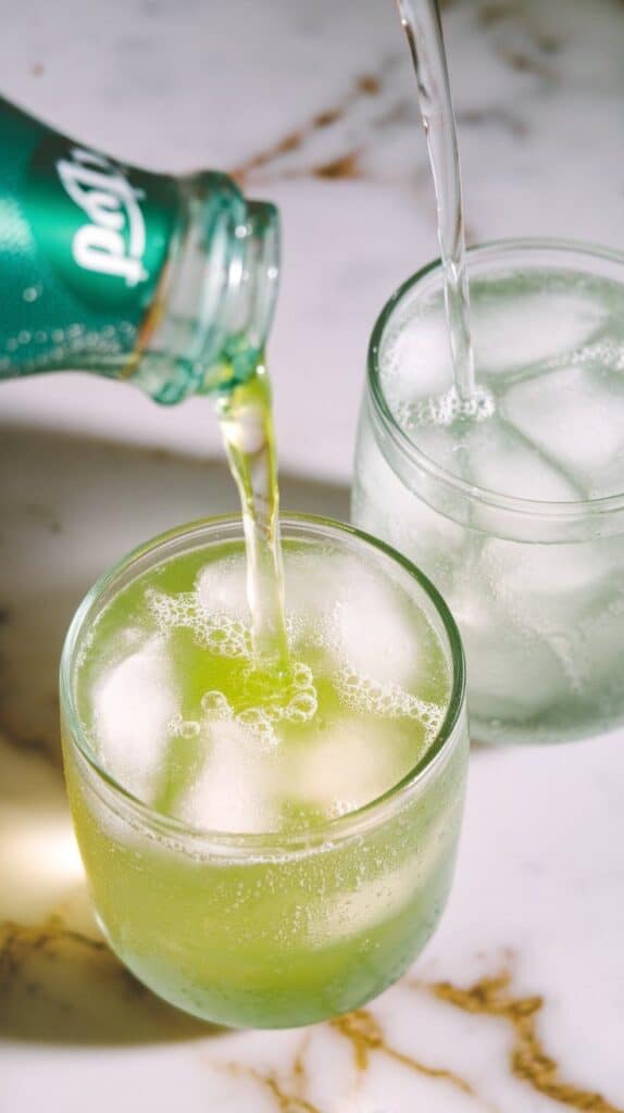 Sprite being poured into two ice-filled glasses, bright bubbles rising and fizz spilling gently to the top