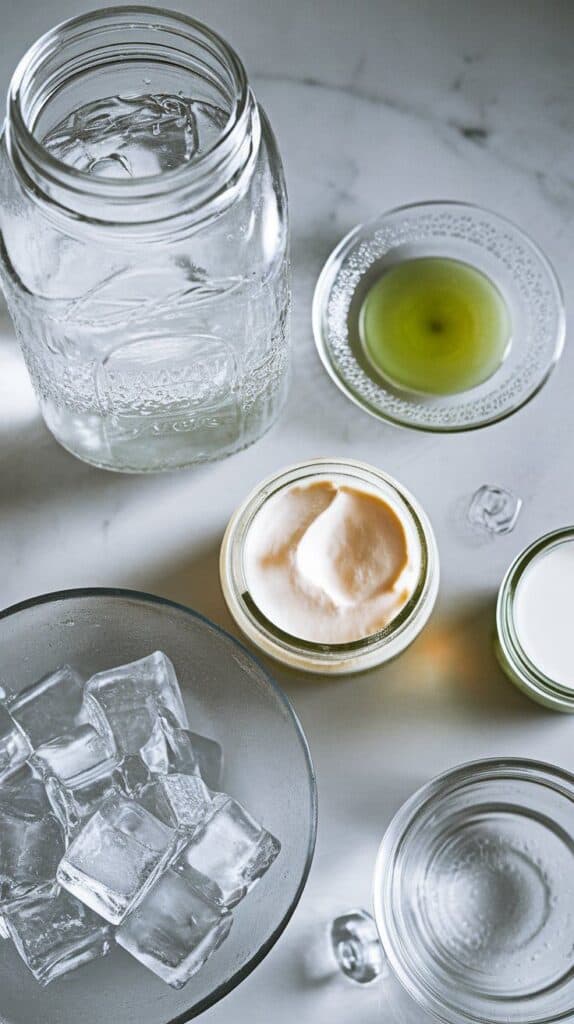 top-down shot of all ingredients for honeydew breeze dirty soda: cold Sprite in a clear glass jar with condensation, light green honeydew syrup in a small glass plate, thick coconut cream in a small clear glass jar, half & half in another clear jar, and clear ice cubes spilling from a shallow glass bowl