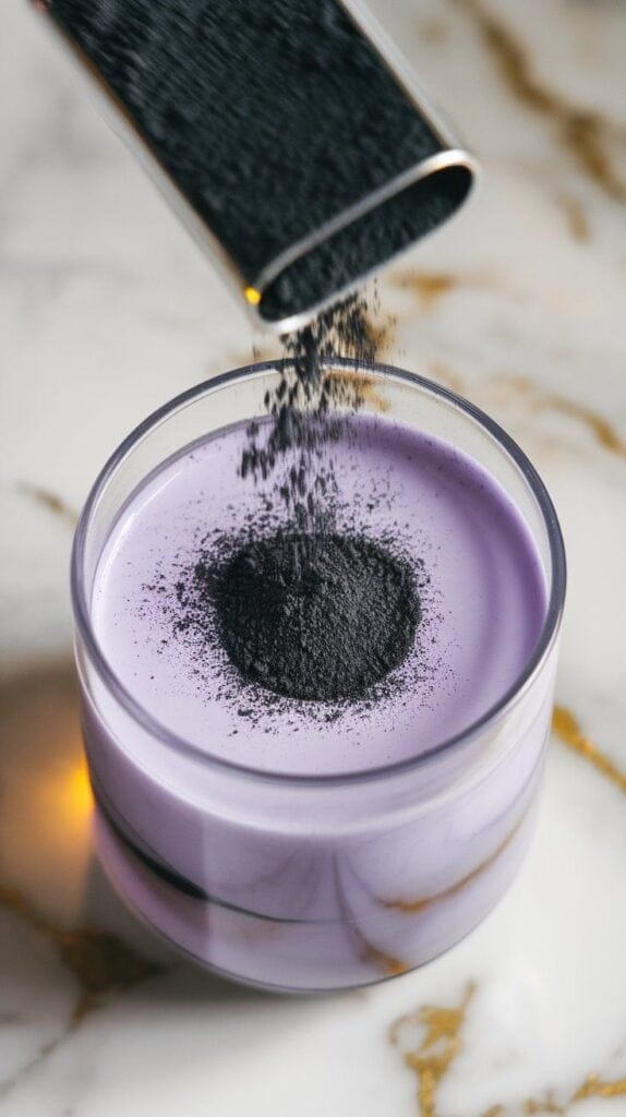 fine activated charcoal powder being sprinkled into the lavender lemonade vodka mixture, the dark powder swirling into the liquid