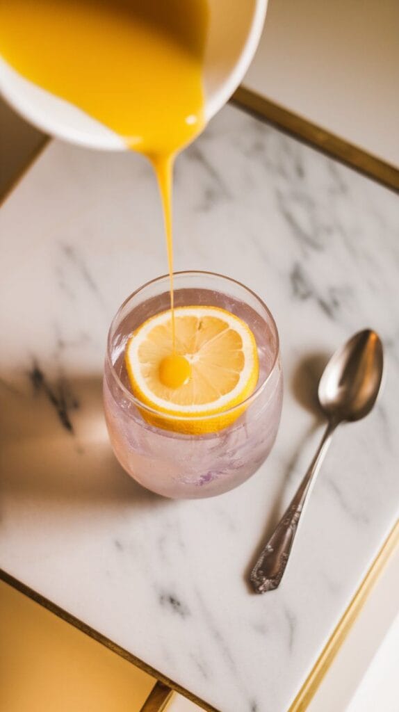  lemon juice being added to the drink, with bright yellow liquid hitting the soda surface