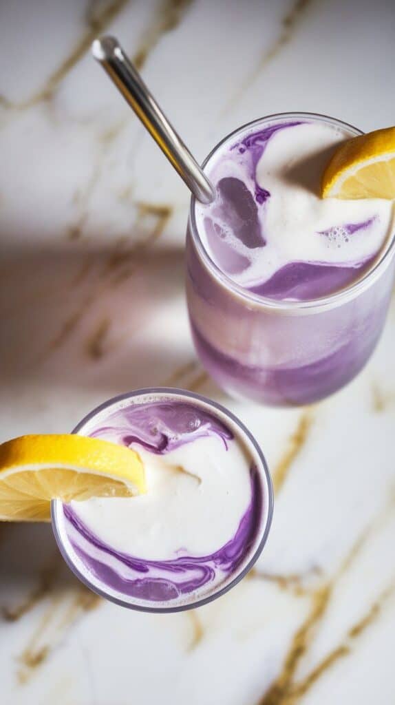  two glasses of lavender lemon dirty soda with visible swirls of purple and white, each with a straw