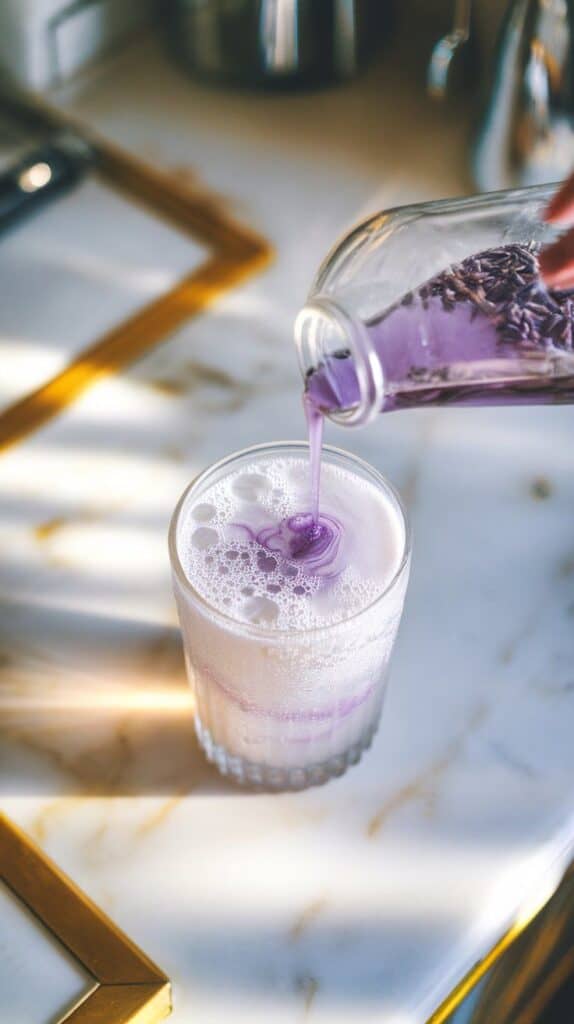 lavender syrup being poured into the soda, creating soft purple swirls through the bubbles