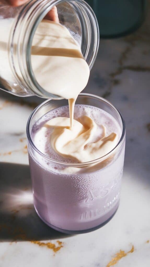 thick coconut cream being poured from a small jar into the soda, creating creamy ribbons in the glass