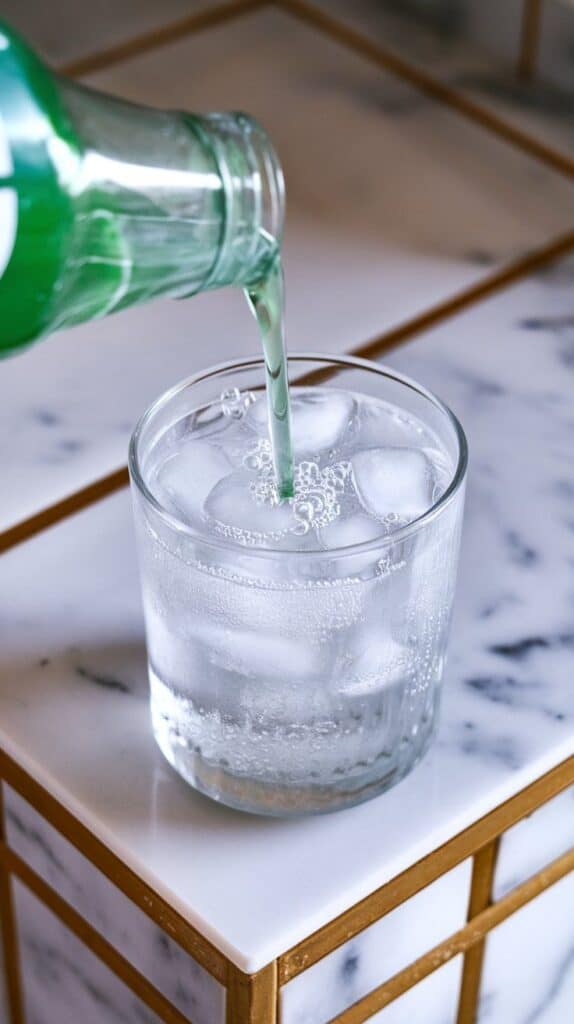 Sprite being poured into the glass over ice, with visible fizz and bubbles at the top