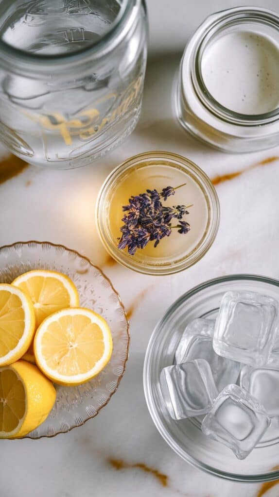 all ingredients for lavender lemon dirty soda: cold Sprite in a clear glass jar with condensation, lavender syrup in a small clear glass plate, freshly squeezed lemon juice in a shallow clear plate, thick coconut cream in a small clear glass jar, and clear ice cubes spilling from a shallow clear glass bowl
