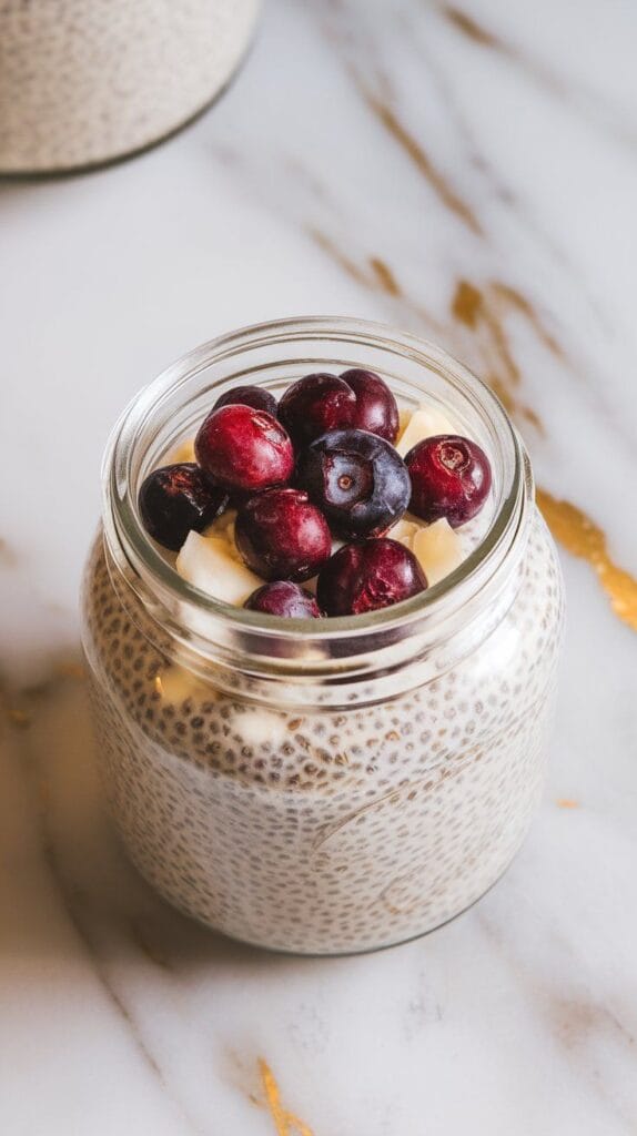 mulberry coconut chia pudding layered in a glass jar, white chia layer on bottom, purple mulberries on top, clean layers visible
