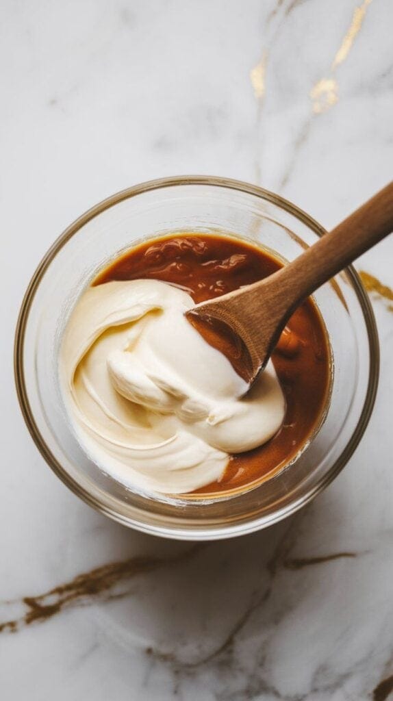  heavy cream and sweetened condensed milk being stirred together in a clear glass bowl, forming a thick, creamy mixture