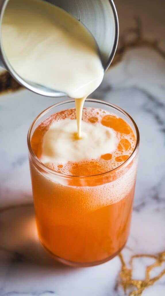 sweet cream being poured into the glass of orange soda, forming soft, milky clouds in the bright fizz