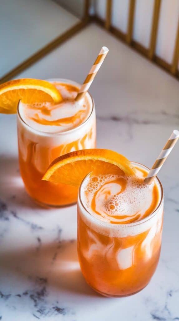 two glasses of orange cream punch dirty soda fully assembled, with bright orange soda, creamy swirls, and striped paper straws